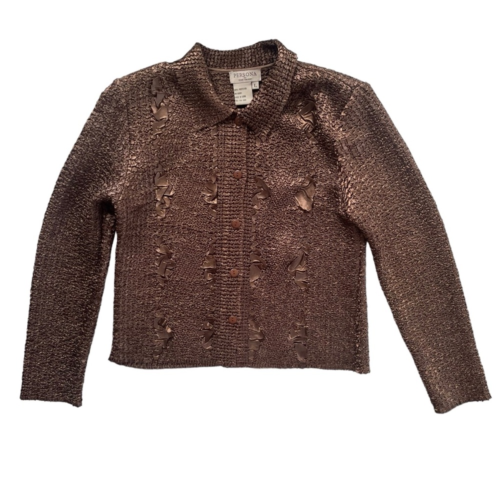 Persona By Great Cavalier Women’s L Brown, Textured Long Sleeve Button Up Blouse